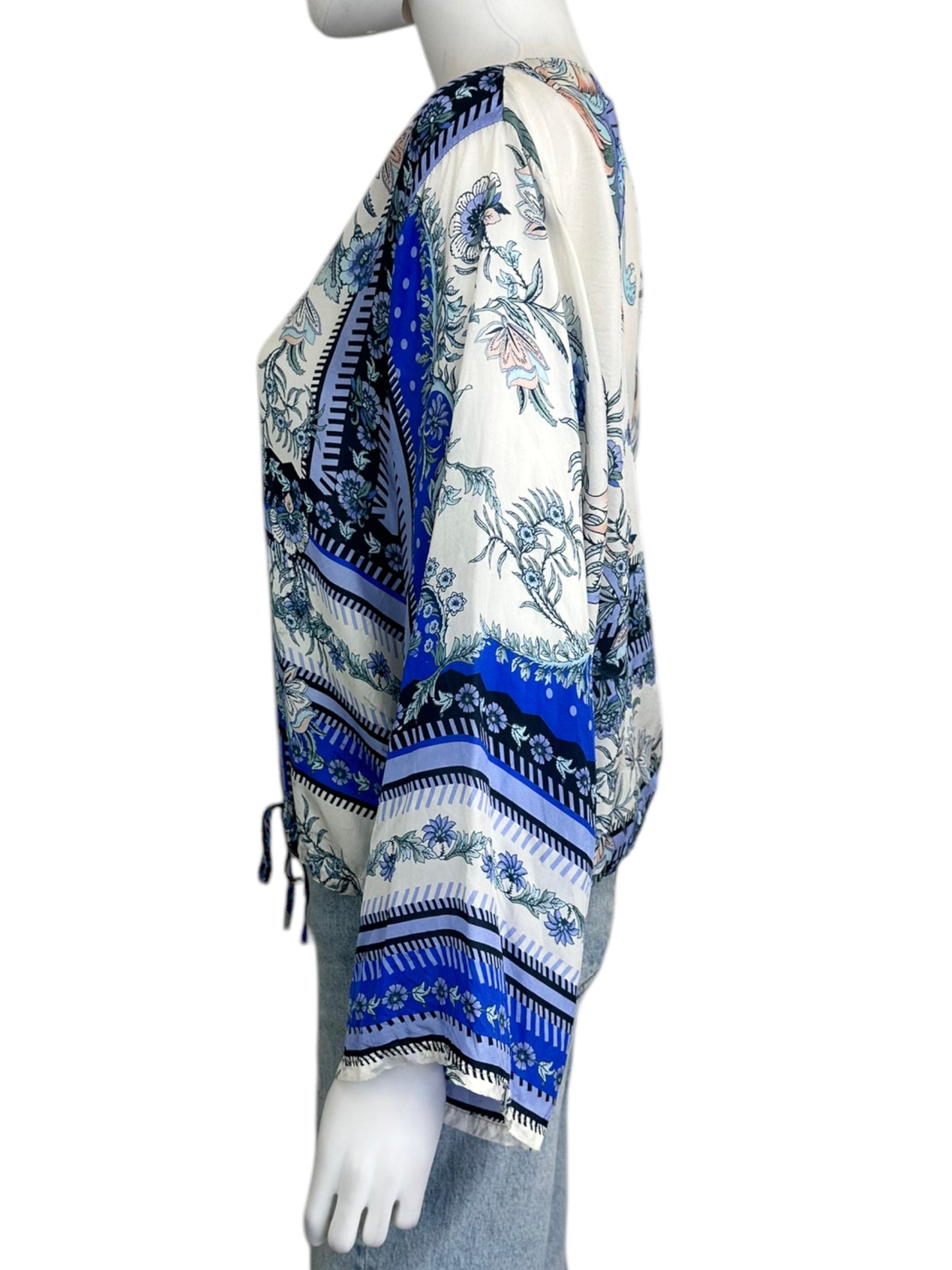 Johnny Was 100% Silk Blue Floral Print Blouse Size S
