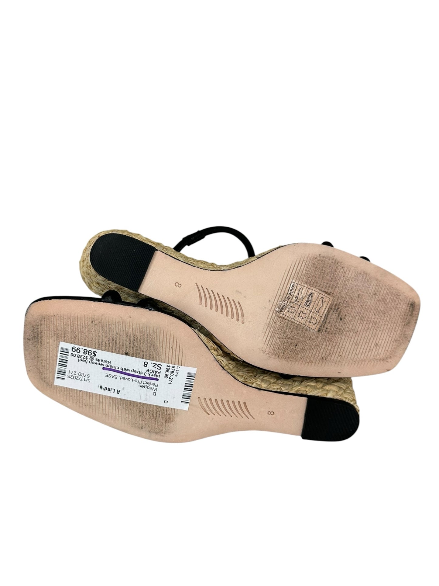 PAIGE Black Leather Stacey Three-Band Wedge Espadrilles Size 8