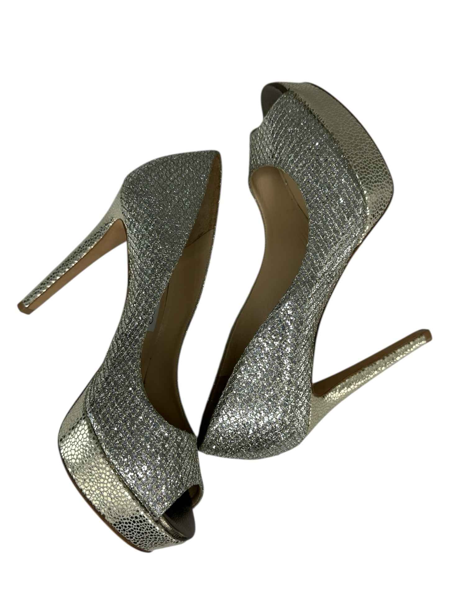 JIMMY CHOO Luna Champagne Glitter Peeptoe Pumps Size 38.5