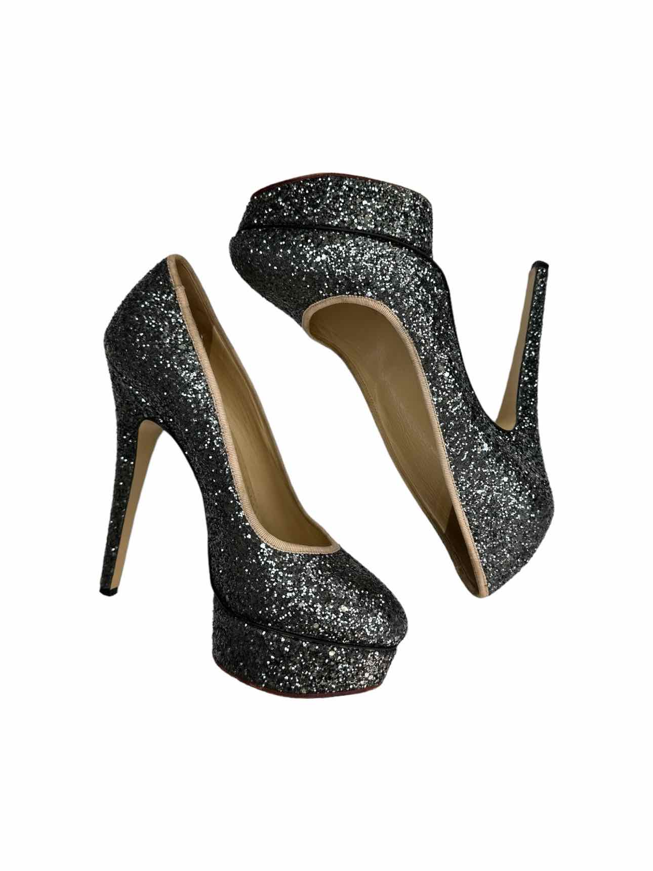 CHARLOTTE OLYMPIA Gray Glitter DOLLY Platform Pumps Size 38