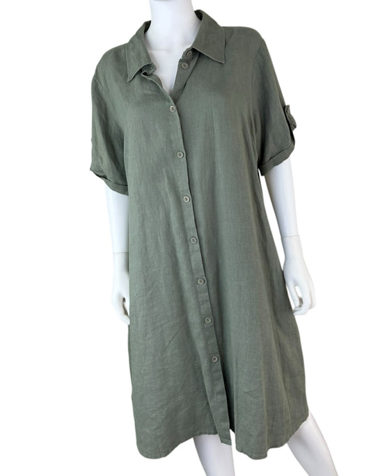 Flax Green 100% Linen Midi Dress Size L