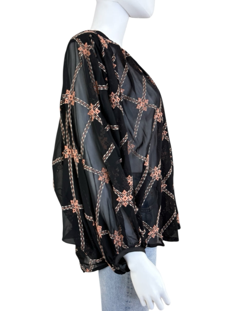 Johnny Was NWT Black Sheer Prin Iman Blouse Size M