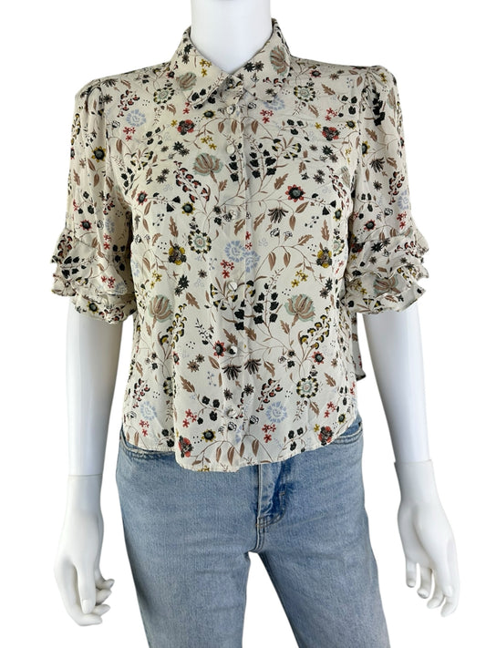 FRAME Cream Silk Floral Print Blouse Size S