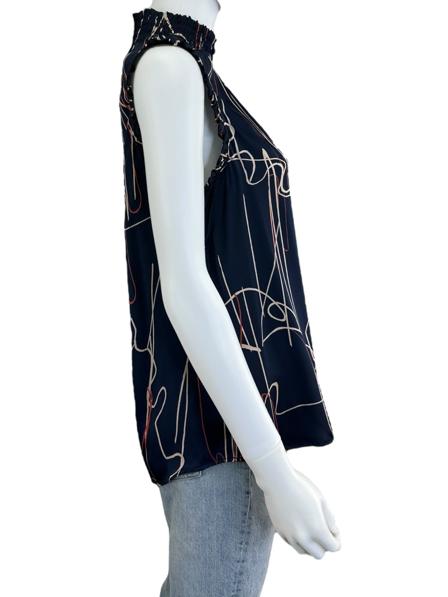 ecru Navy 100% Silk Print Blouse Size M