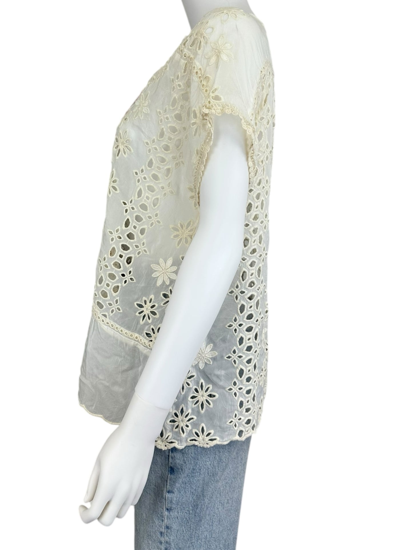 Johnny Was Ivory Floral Eyelet Top Size S