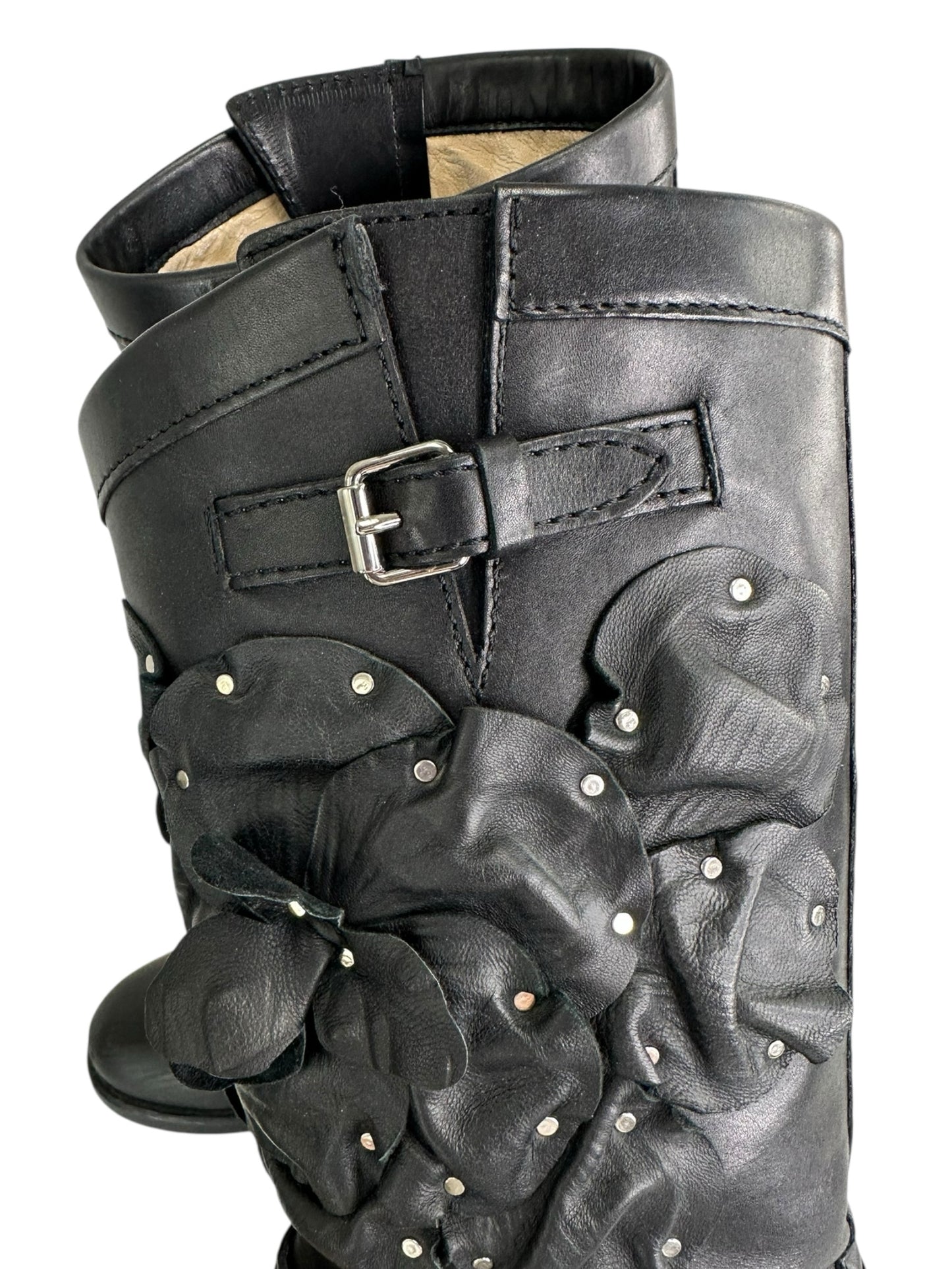 Valentino Black Studded Floral Appliqué Biker Boots Size 38