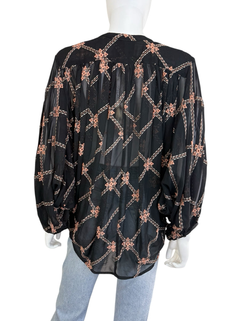 Johnny Was NWT Black Sheer Prin Iman Blouse Size M