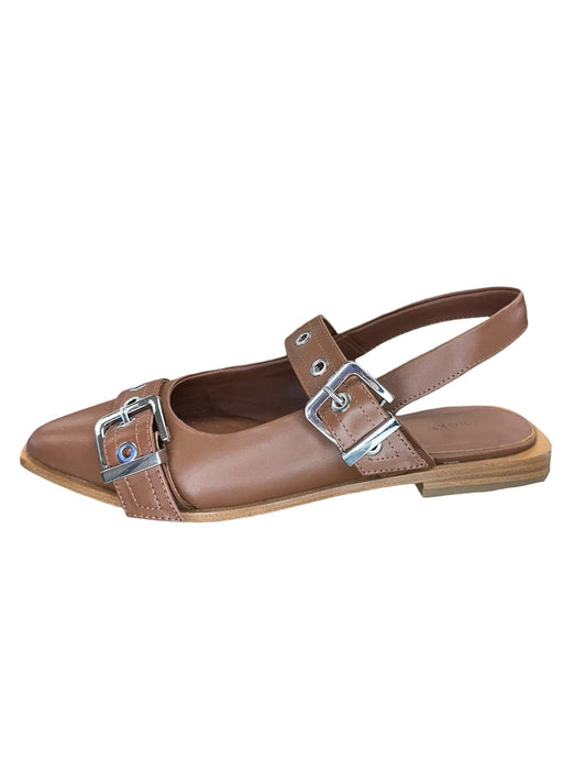 Quince Brown Cognac Italian Leather Bold Buckle Slingback Flats Size 8