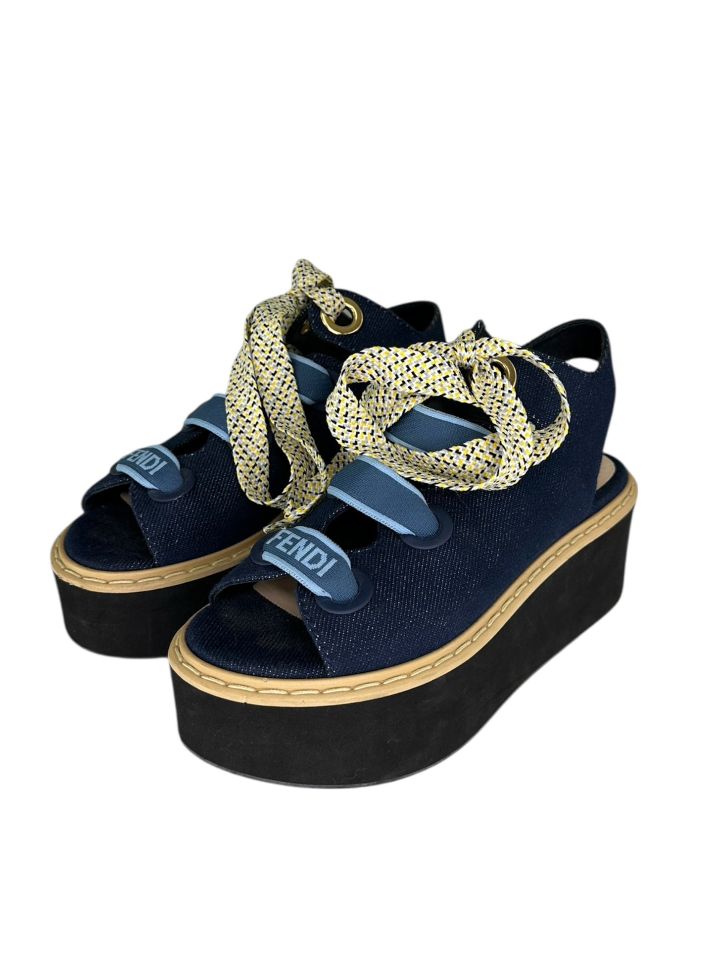 FENDI Blue Denim Lace-Up Platform Sandal Size 6.5