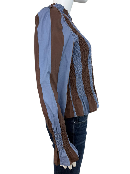 MIND TRAVELER NWT Brown Striped Smocked Chia Blouse Size L