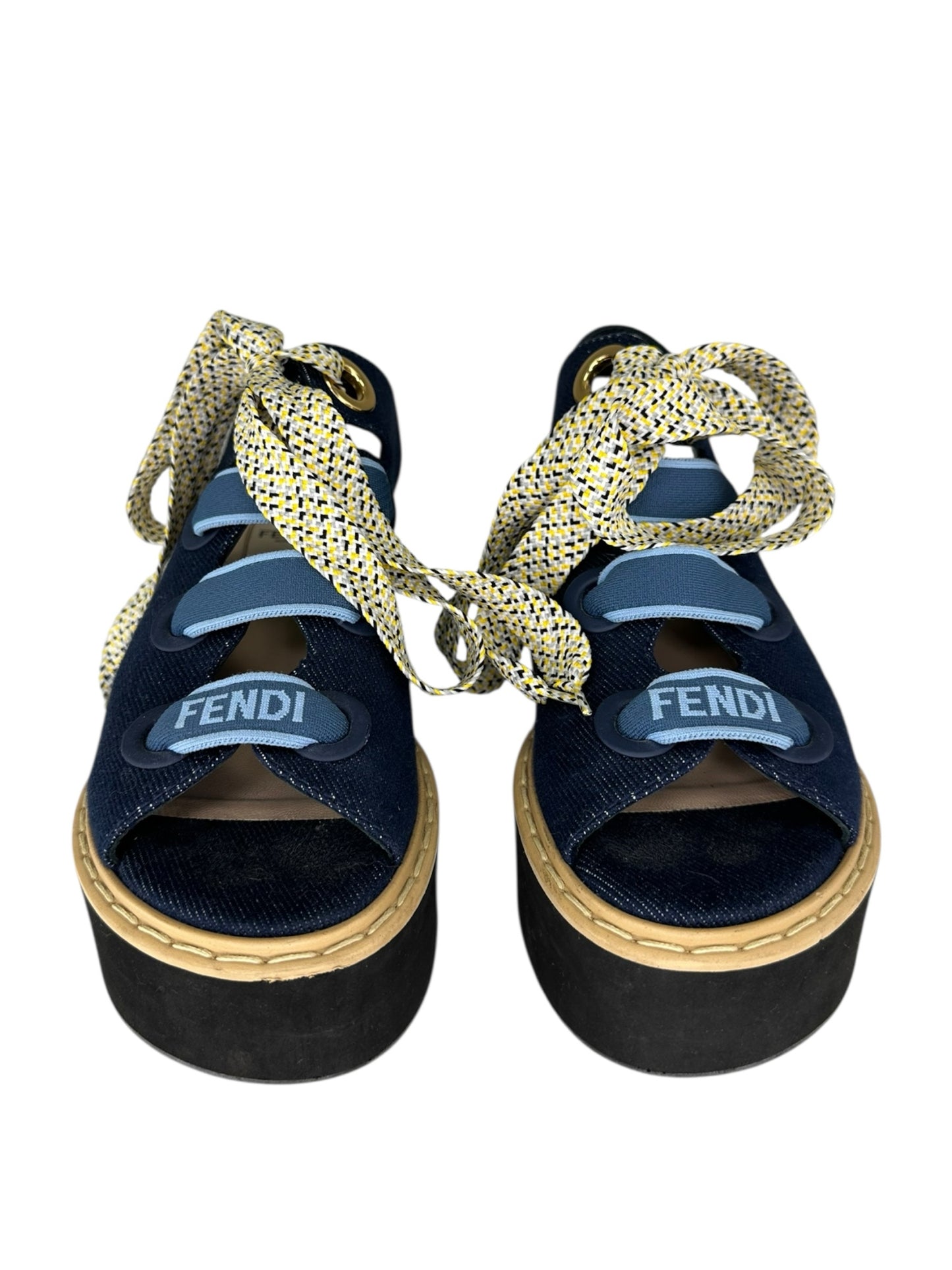 FENDI Blue Denim Lace-Up Platform Sandal Size 6.5