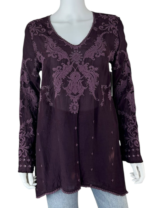 Johnny Was Purple Embroidered Tunic Top Size XS