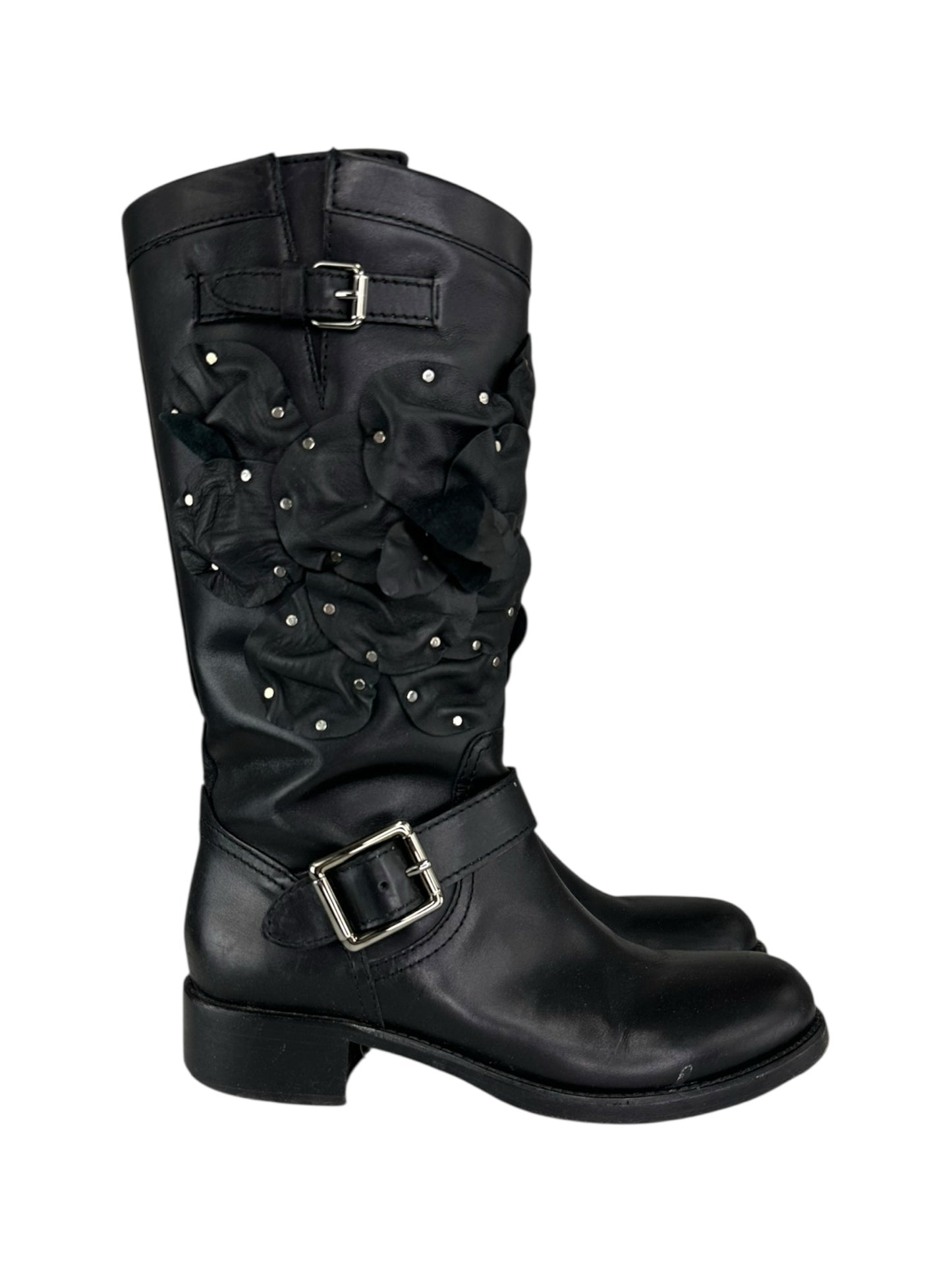 Valentino Black Studded Floral Appliqué Biker Boots Size 38