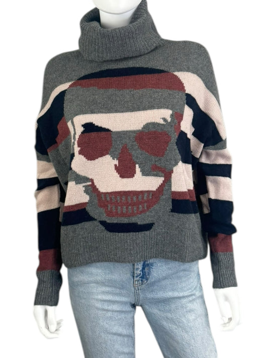 SKULL CASHMERE Striped Skull Graphic Turtleneck Sweater Size XS