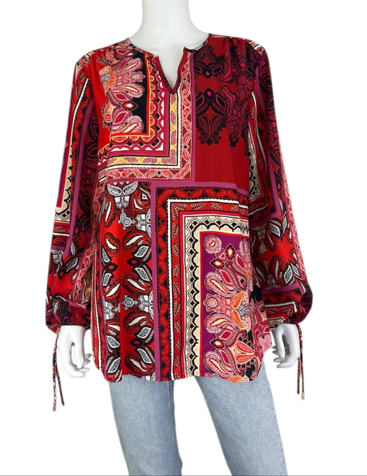 Chicos NWT Red Patched Paisley Print Blouse Size L
