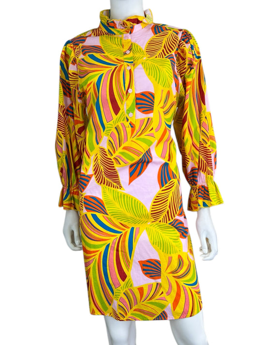 Flora Bea NYC Yellow Leaf Pattern Midi Dress Size L