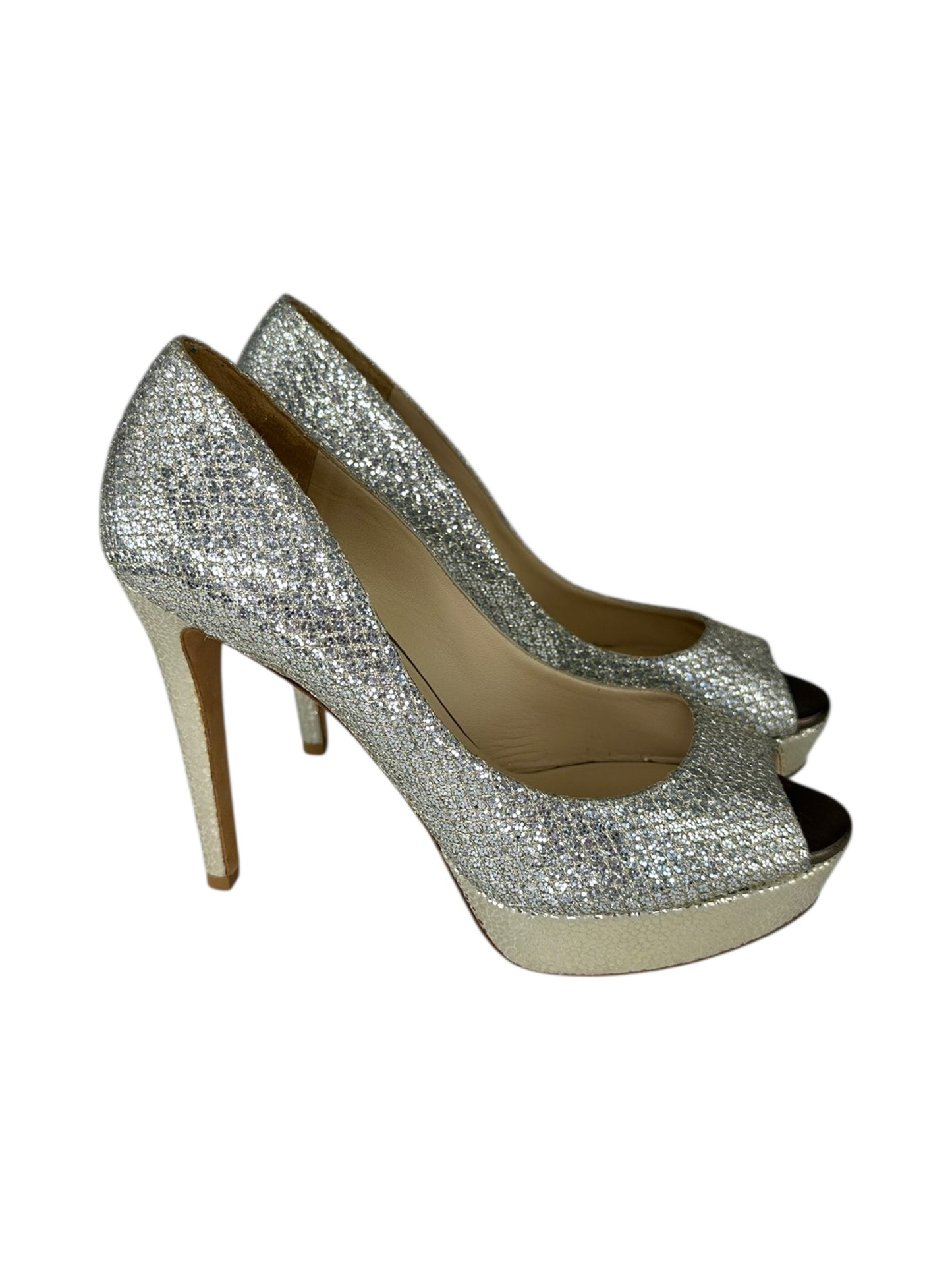 JIMMY CHOO Luna Champagne Glitter Peeptoe Pumps Size 38.5