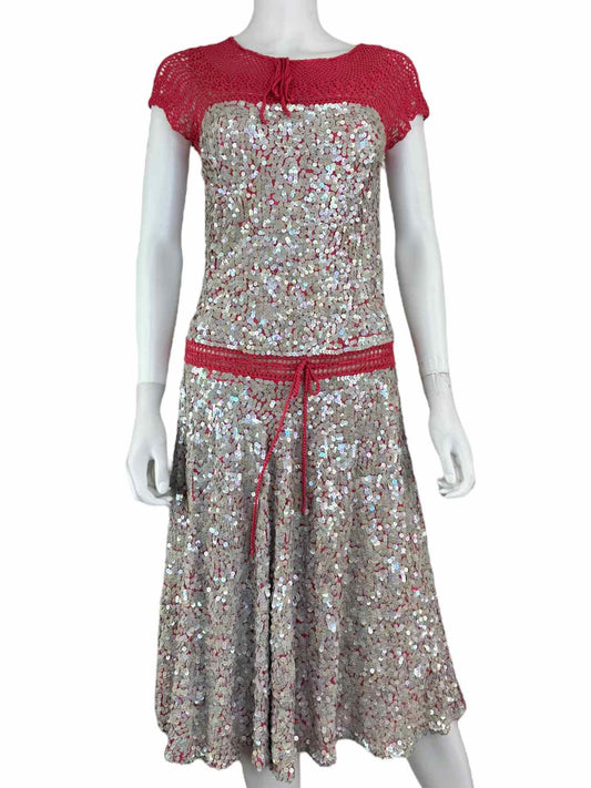 Maxazria Pink Crochet Sequin Midi Dress Size S