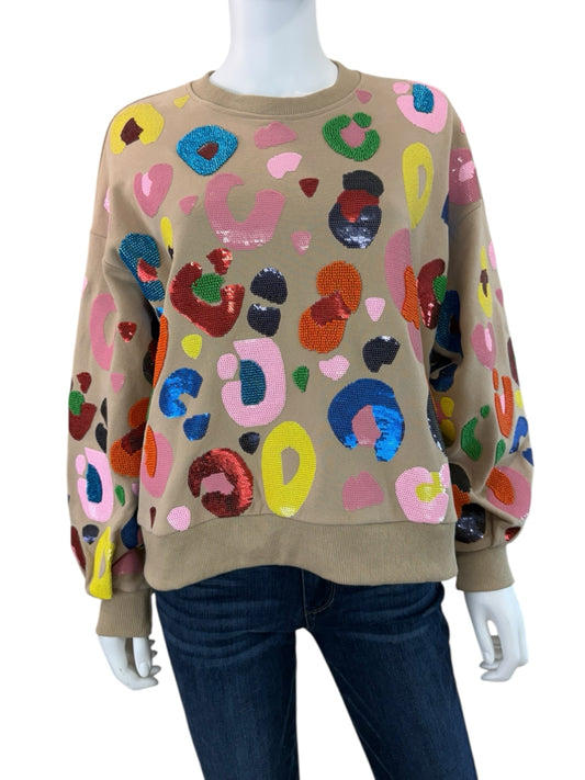 Queen of Sparkles Tan Sequin Leopard Sweat Shirt Size XS