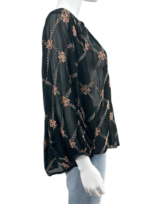 Johnny Was NWT Black Sheer Print Iman Blouse Size S