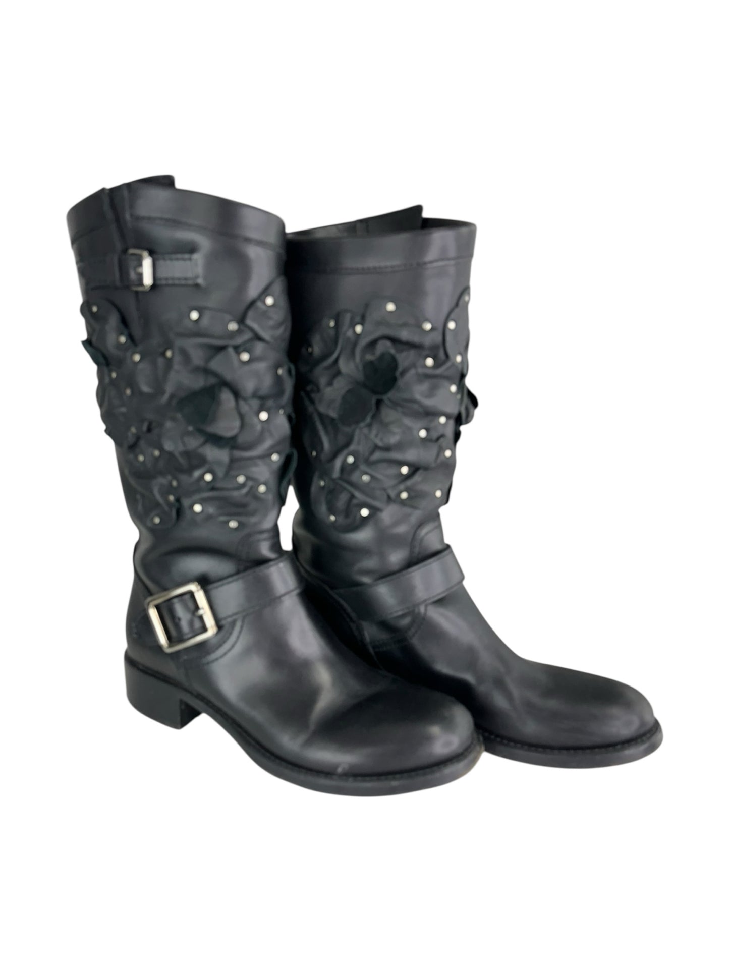 Valentino Black Studded Floral Appliqué Biker Boots Size 38
