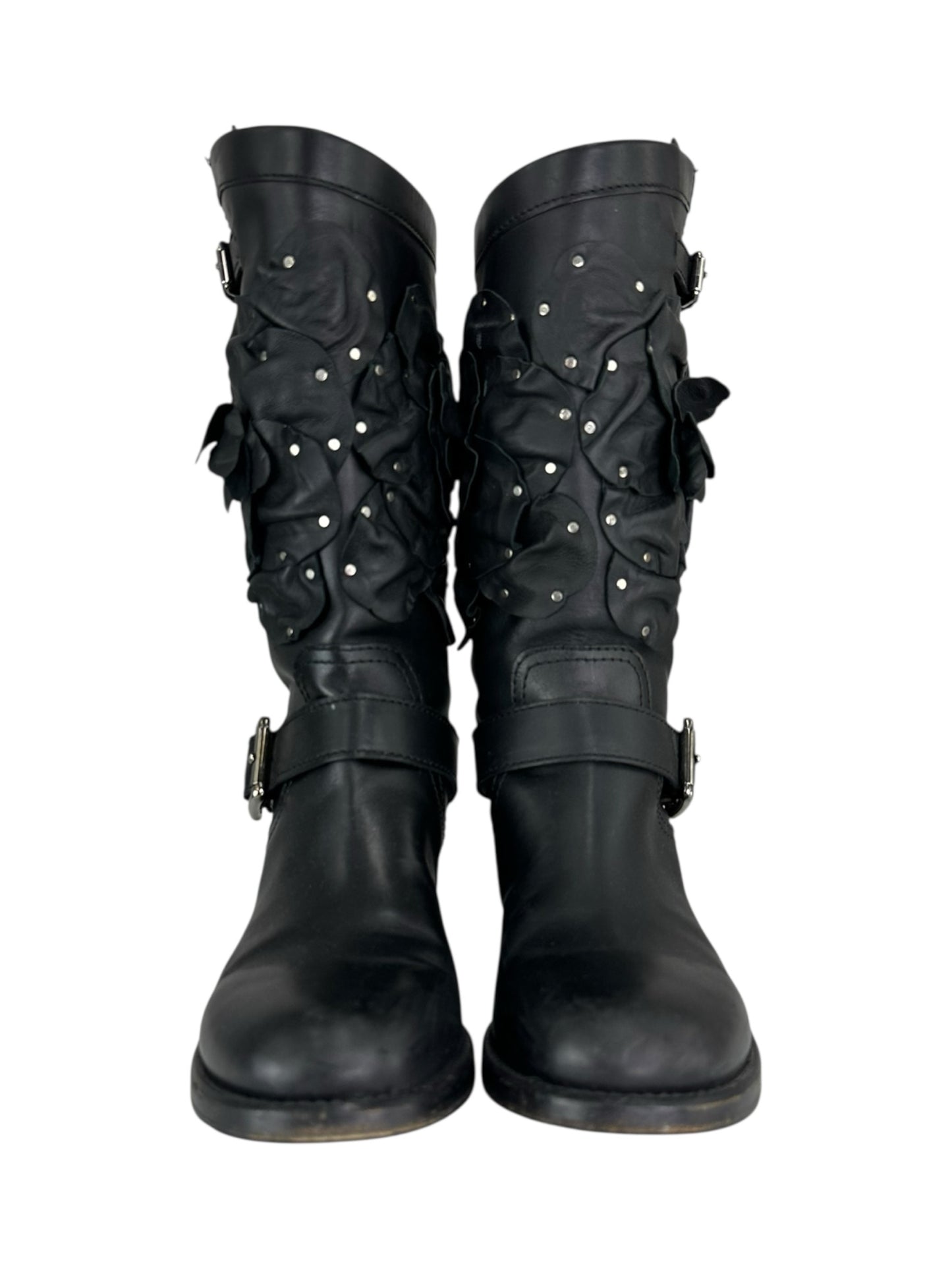 Valentino Black Studded Floral Appliqué Biker Boots Size 38