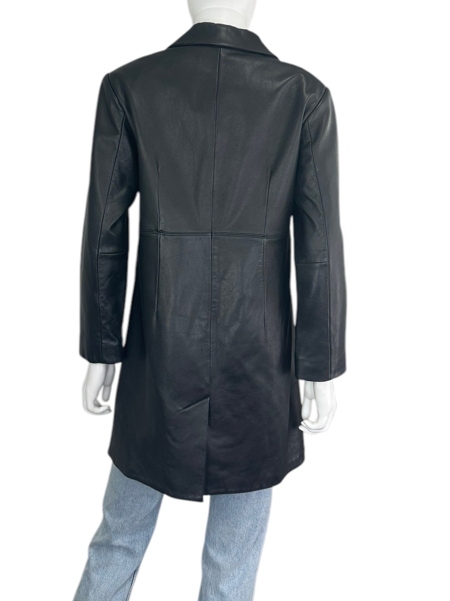Preston & York Black Long Leather Button Down Coat Size PS