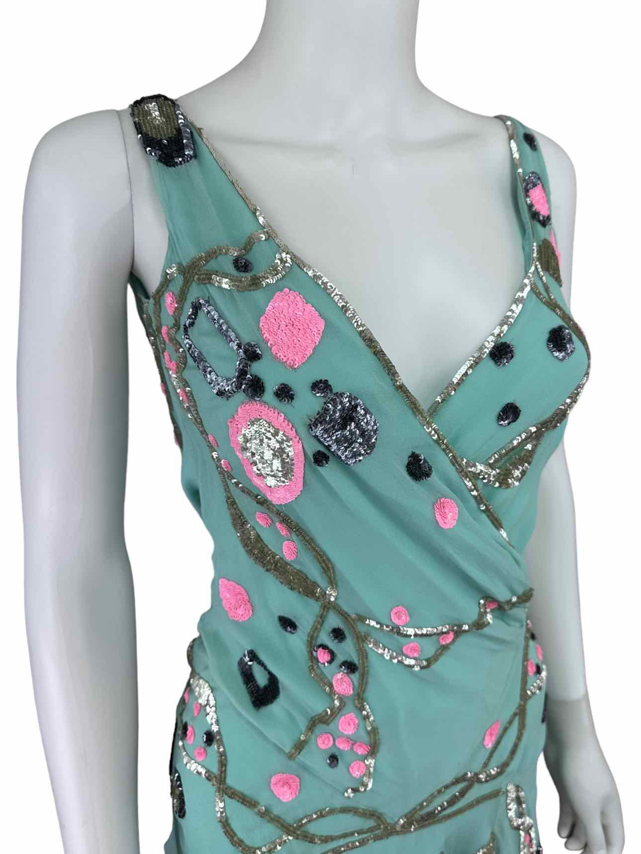 Temperly London Silk Aqua Hand Beaded Cocktail Dress Size 8
