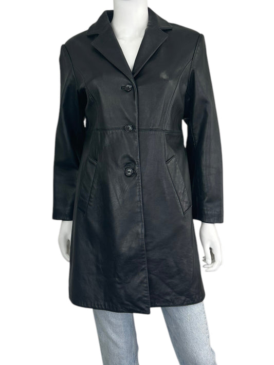 Preston & York Black Long Leather Button Down Coat Size PS