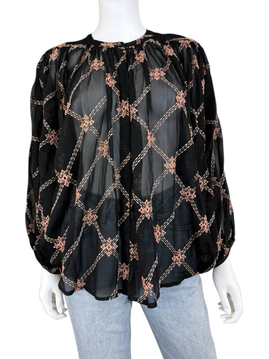Johnny Was NWT Black Sheer Prin Iman Blouse Size M