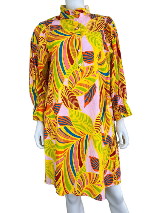 Flora Bea NYC Yellow Leaf Pattern Midi Dress Size L