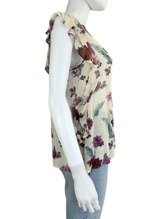 PAIGE 100% Silk Cream Sheer Floral Blouse Size S