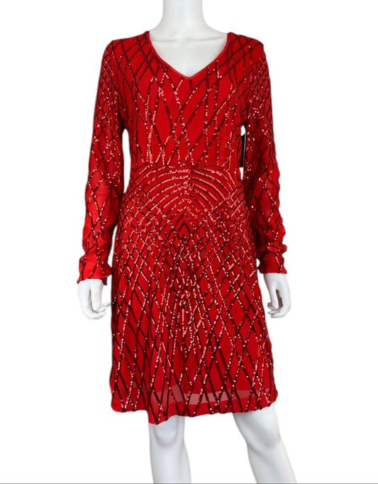 BOSTON PROPER NWT Red Sequin Sheer Midi Dress Size M