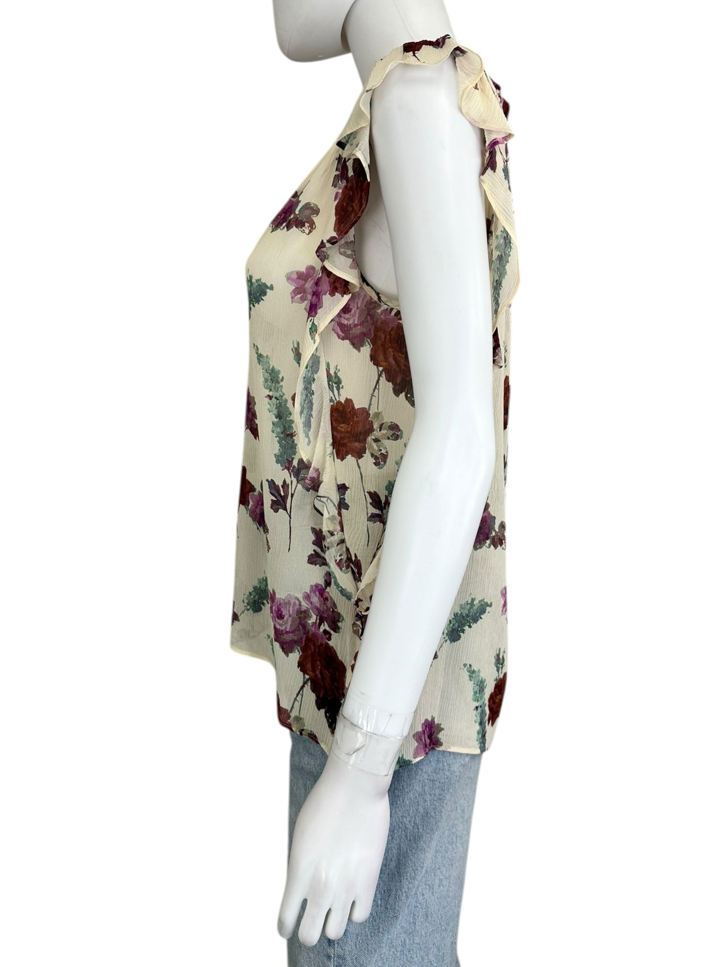 PAIGE 100% Silk Cream Sheer Floral Blouse Size S