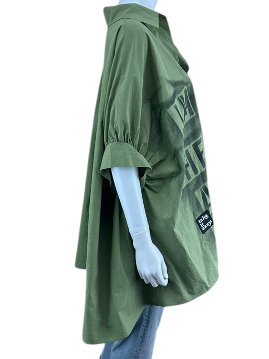 Custom Green Graphic Embellished Button-Down Shirt Size S