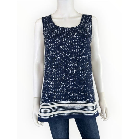 Vince Navy Blue & White Scarf Print Dotted 100% Silk Tank Top Size S