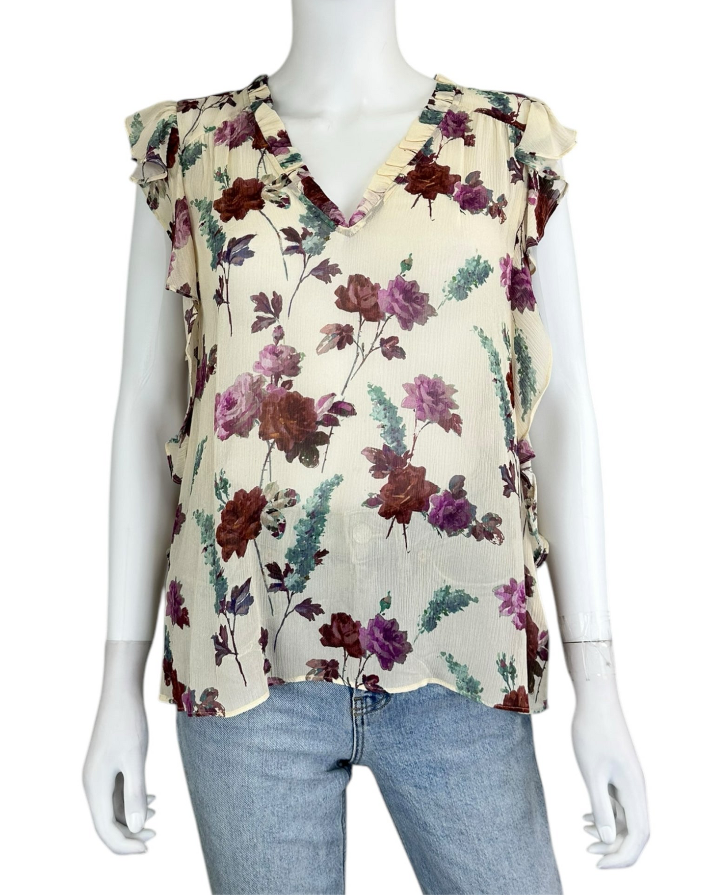 PAIGE 100% Silk Cream Sheer Floral Blouse Size S