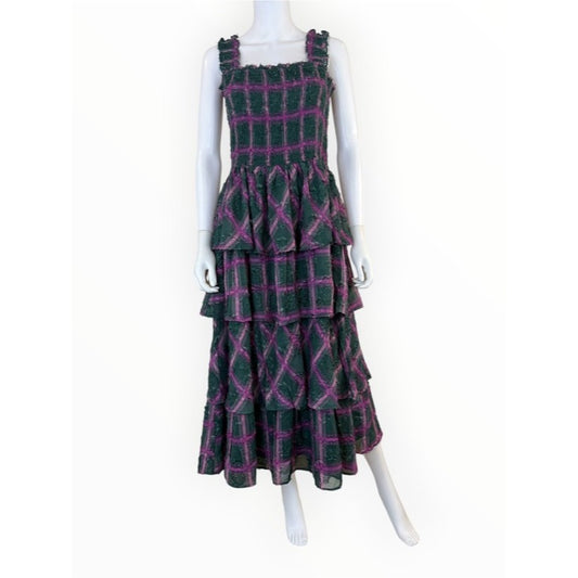 Aureum Green Plaid Smocked Tiered Maxi Dress Size L