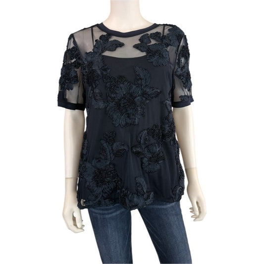 ELIE TAHARI NWT Navy Blue Embroidered Kay Blouse Size M