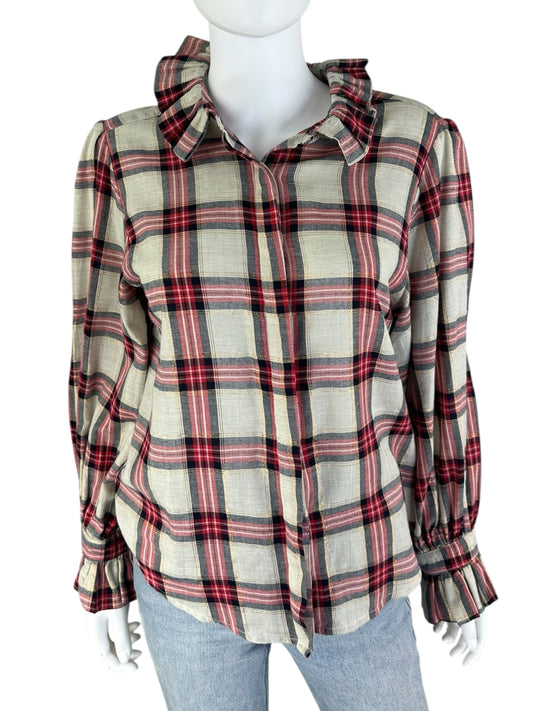 KOCH Red Plaid Ruffle Trim Size S Button-Down Shirt