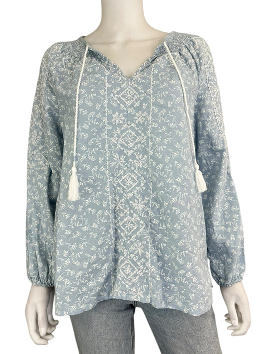 Joie Blue Embroidered Linen Blouse Size M