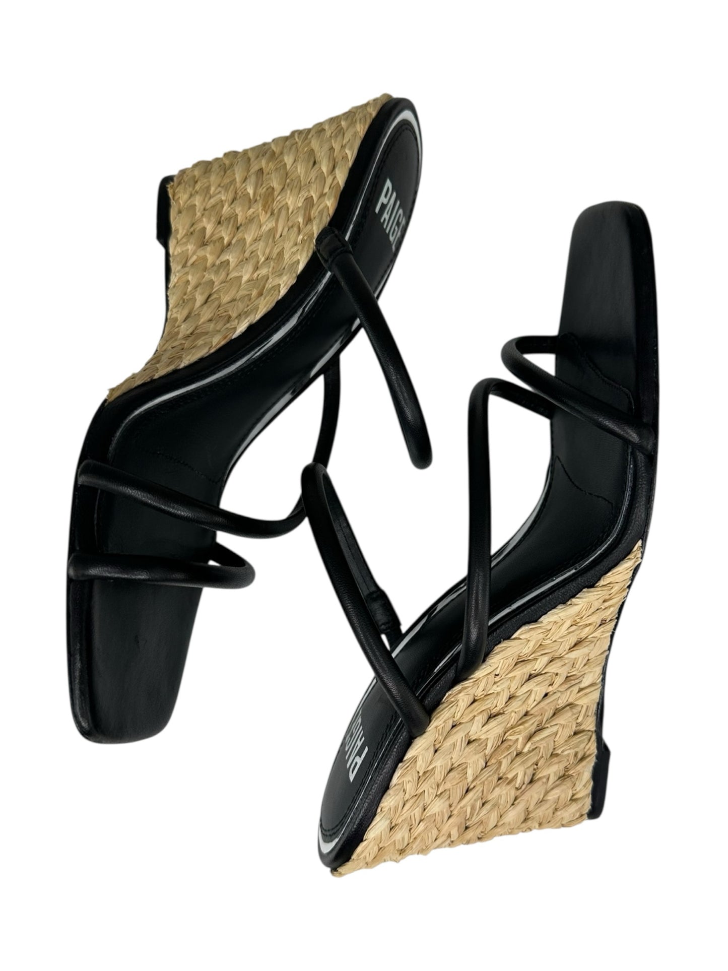 PAIGE Black Leather Stacey Three-Band Wedge Espadrilles Size 8