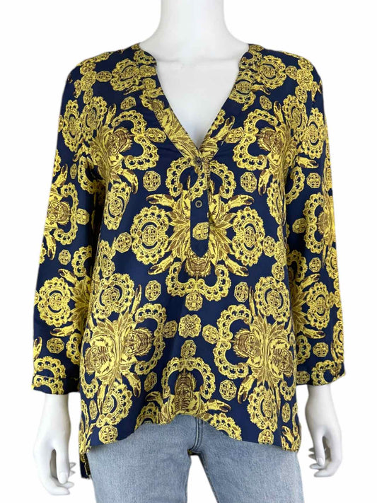 tibi Navy 100% Silk Print Blouse Size 10