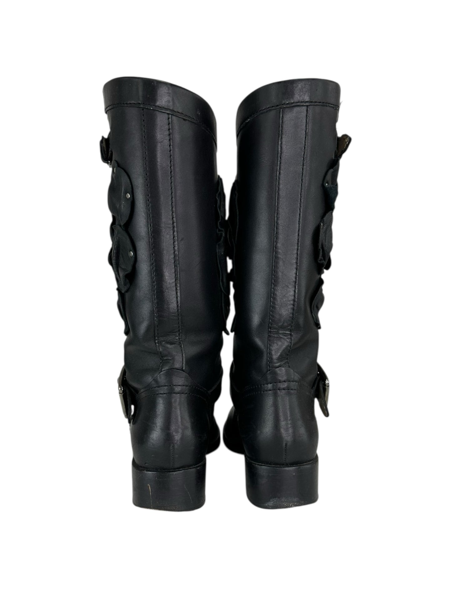 Valentino Black Studded Floral Appliqué Biker Boots Size 38