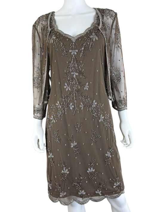 SCALA NWT Brown Beaded Formal Dress and Cardigan Set Size 12