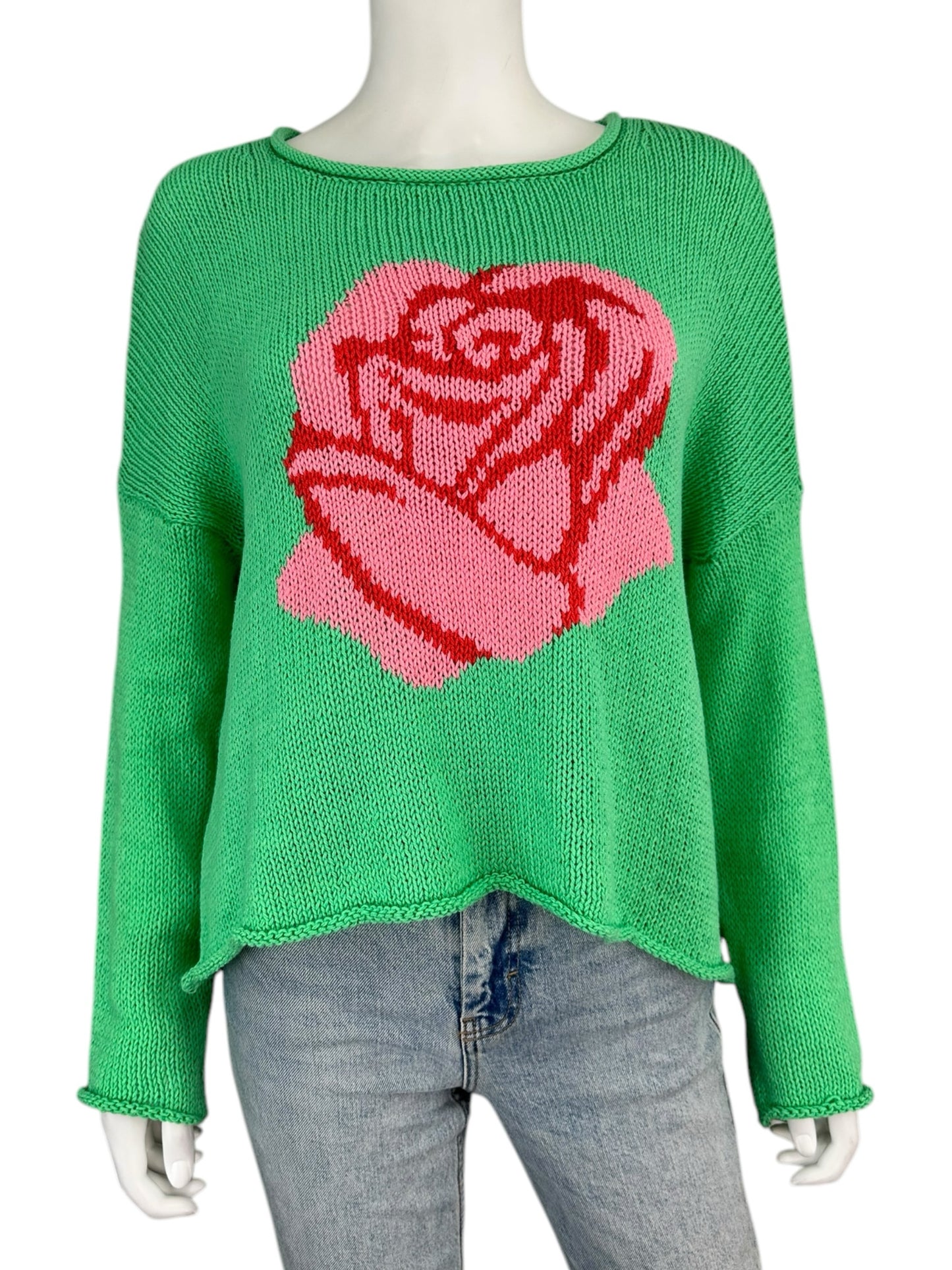 Wooden Ships NWT Green Rose Sweater Size S/M