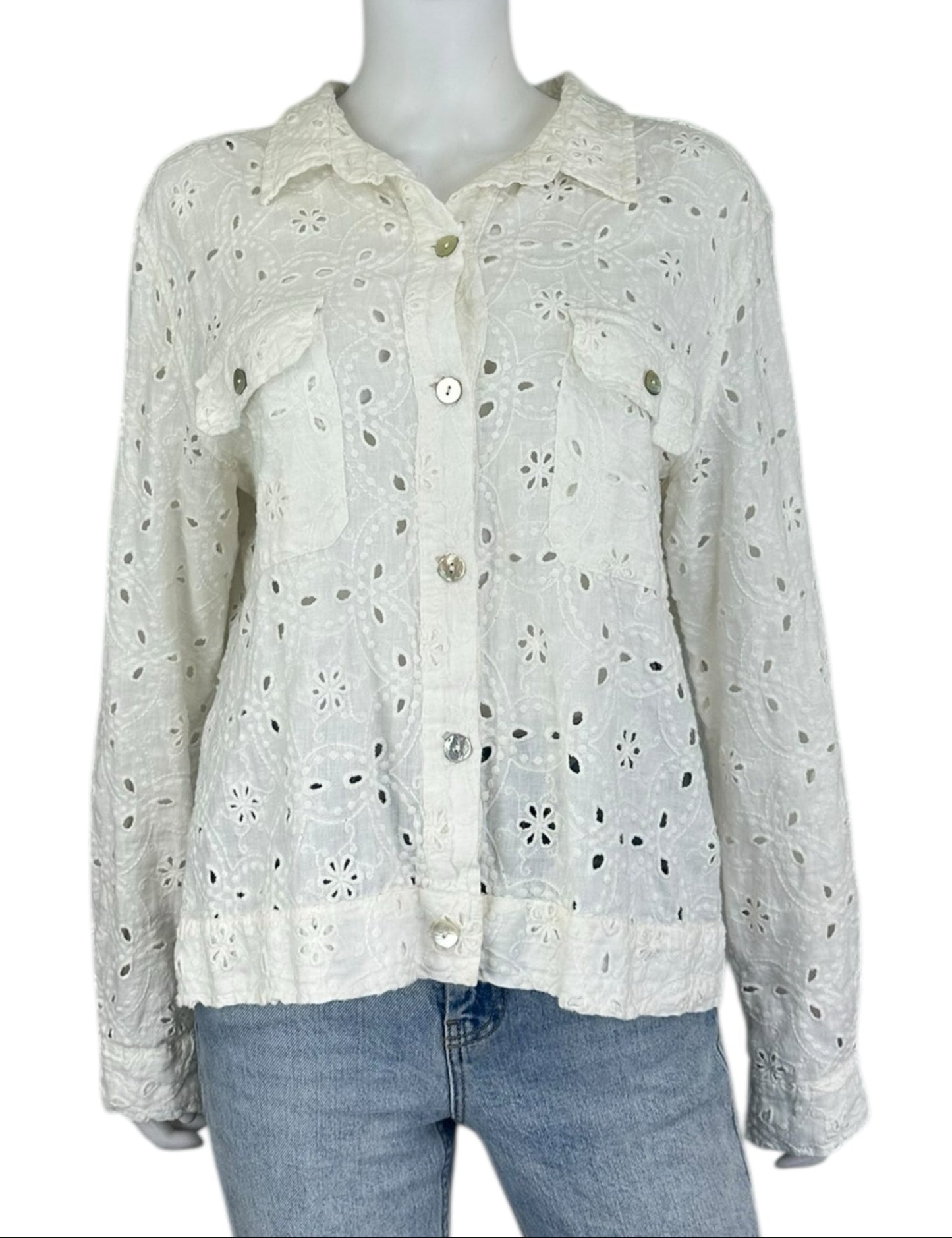 Johnny Was Jade White 100% Linen Embroidered Button-Down Size L