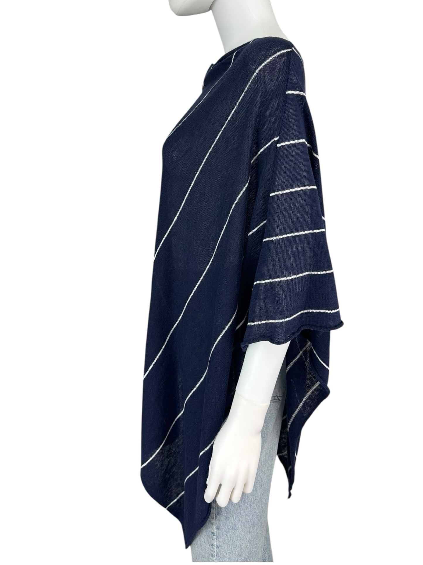 EILEEN FISHER Navy Striped Linen Poncho Size O/S