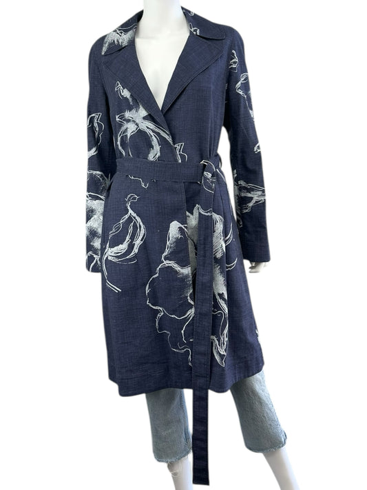 LAFAYETTE 148 NEW YORK Blue Denim Floral Trench Coat Size M