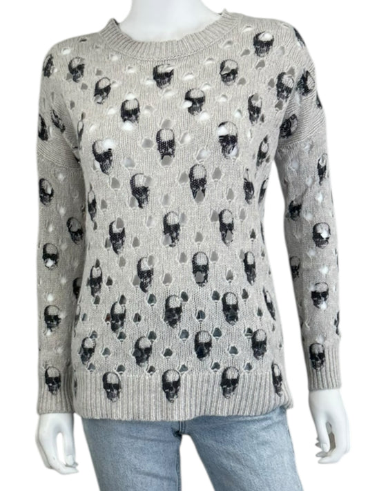 SKULL CASHMERE Gray Distressed 100% Cashmere Skull Sweater Size S